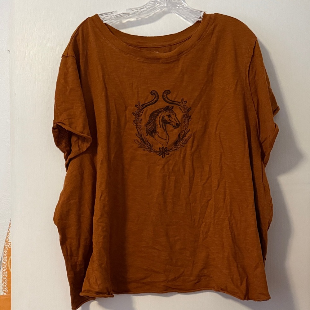 Anthropologie Maeve Equestrian Rust Brown Horse Embroidered Tee 3X Plus New Tags
